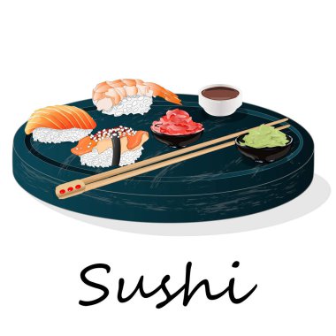Somon, karides, avokado, krem peynir rulo suşi Illustration. Sushi menüsü. Japon yemekleri üzerine beyaz izole.