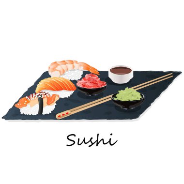 Somon, karides, avokado, krem peynir rulo suşi Illustration. Sushi menüsü. Japon yemekleri üzerine beyaz izole.