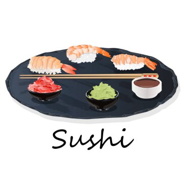 Somon, karides, avokado, krem peynir rulo suşi Illustration. Sushi menüsü. Japon yemekleri üzerine beyaz izole.