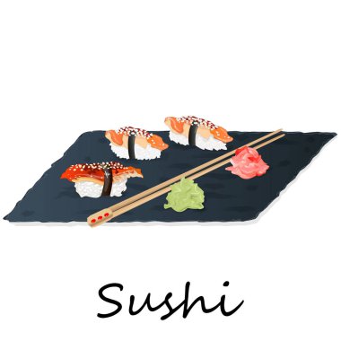 Somon, karides, avokado, krem peynir rulo suşi Illustration. Sushi menüsü. Japon yemekleri üzerine beyaz izole.