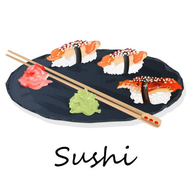 Somon, karides, avokado, krem peynir rulo suşi Illustration. Sushi menüsü. Japon yemekleri üzerine beyaz izole.
