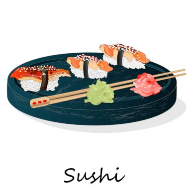 Somon, karides, avokado, krem peynir rulo suşi Illustration. Sushi menüsü. Japon yemekleri üzerine beyaz izole.