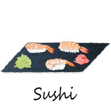 Somon, karides, avokado, krem peynir rulo suşi Illustration. Sushi menüsü. Japon yemekleri üzerine beyaz izole.