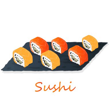 Somon, karides, avokado, krem peynir rulo suşi Illustration. Sushi menüsü. Japon yemekleri üzerine beyaz izole.