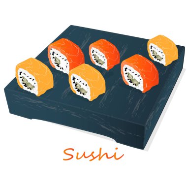 Somon, karides, avokado, krem peynir rulo suşi Illustration. Sushi menüsü. Japon yemekleri üzerine beyaz izole.