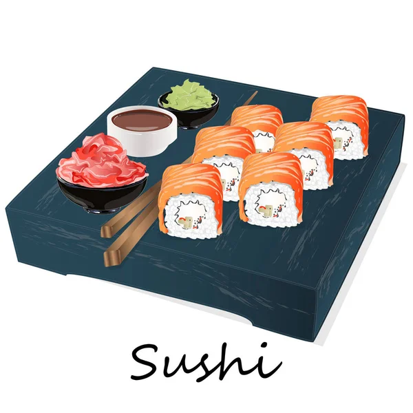 Ilustración de sushi en rollo con salmón, gambas, aguacate, nata — Foto de Stock