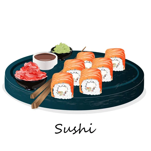 Ilustración de sushi en rollo con salmón, gambas, aguacate, nata —  Fotos de Stock