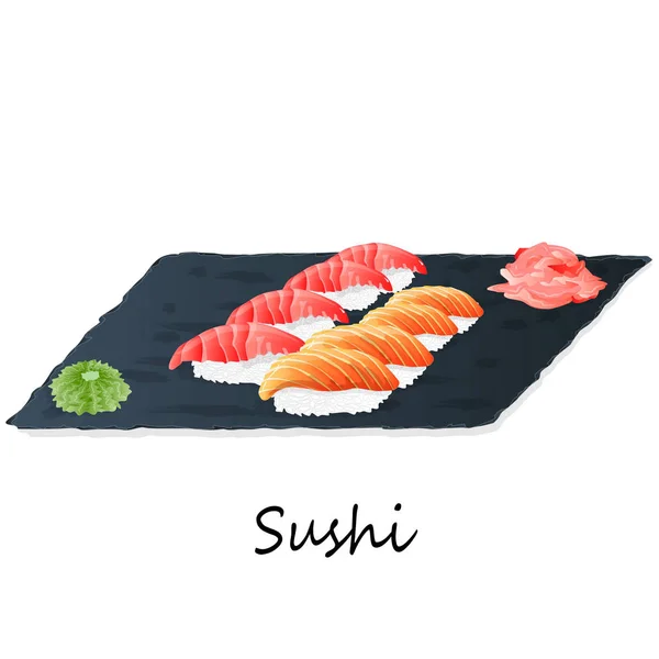 用鲑鱼 奶油干酪来做寿司的插图 寿司菜单 日本食物在白色被隔绝了 — 图库照片