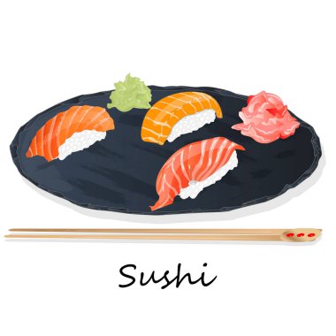 Somon, karides, avokado, krem peynir rulo suşi Illustration. Sushi menüsü. Japon yemekleri üzerine beyaz izole.