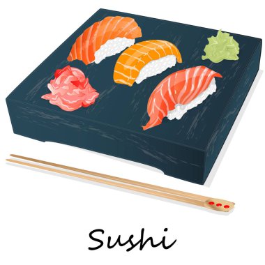 Somon, karides, avokado, krem peynir rulo suşi Illustration. Sushi menüsü. Japon yemekleri üzerine beyaz izole.