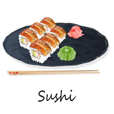 Somon, karides, avokado, krem peynir rulo suşi Illustration. Sushi menüsü. Japon yemekleri üzerine beyaz izole.