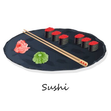 Somon, karides, avokado, krem peynir rulo suşi Illustration. Sushi menüsü. Japon yemekleri üzerine beyaz izole.