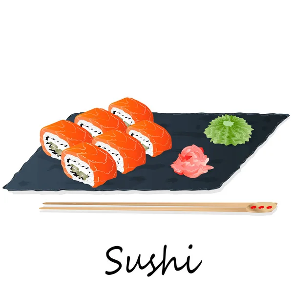 Ilustración Sushi Rollo Con Salmón Gambas Aguacate Queso Crema Menú —  Fotos de Stock