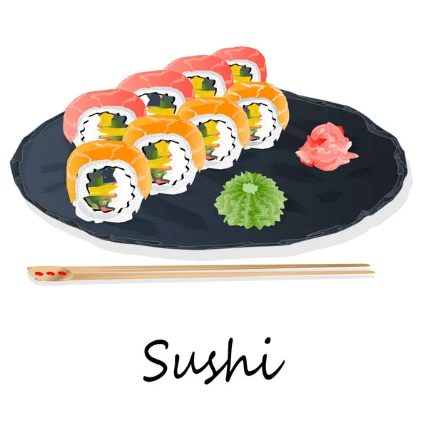 Ilustración Sushi Rollo Con Salmón Gambas Aguacate Queso Crema Menú — Foto de Stock