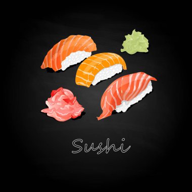 Nigiri suşi illüstrasyon izole koyu arka plan üzerinde. 