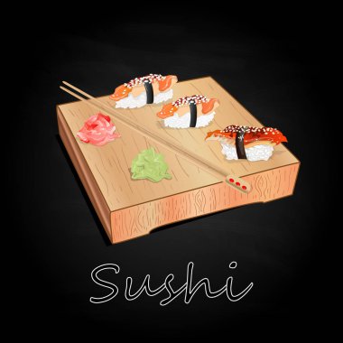 Suşi çeşitli izole ahşap Resepsiyon siyah arka plan üzerinde hizmet.