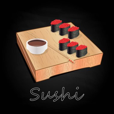 Suşi çeşitli izole ahşap Resepsiyon siyah arka plan üzerinde hizmet.