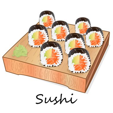 Somon, karides, avokado, krem peynir rulo suşi Illustration. Sushi menüsü. Japon yemekleri üzerine beyaz izole.