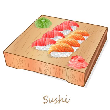 Somon, karides, avokado, krem peynir rulo suşi Illustration. Sushi menüsü. Japon yemekleri üzerine beyaz izole.