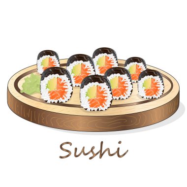 Somon, karides, avokado, krem peynir rulo suşi Illustration. Sushi menüsü. Japon yemekleri üzerine beyaz izole.