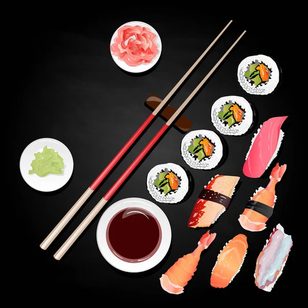 Nigiri Sushi Illustration Sur Fond Noir Isolé Vue Dessus — Photo