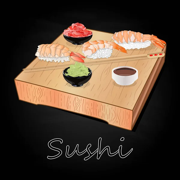 Various Kinds Sushi Served Wood Desk Black Background Isolated — Stock Photo, Image