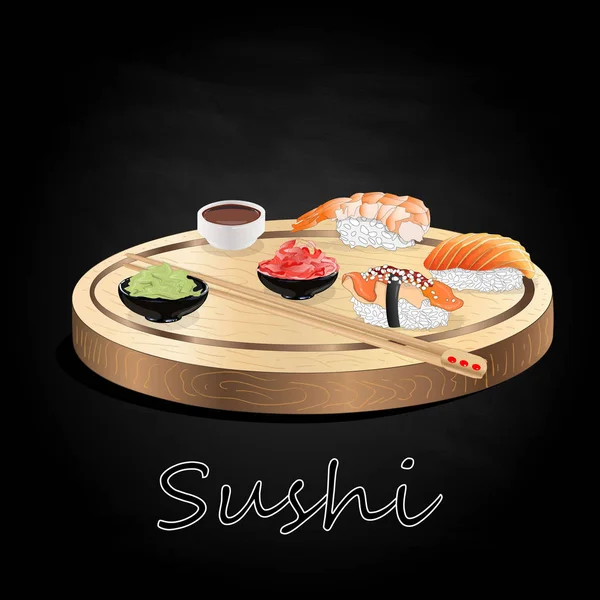 Verschiedene Arten Von Sushi Auf Holz Schreibtisch Schwarzer Hintergrund Isoliert — Stockfoto