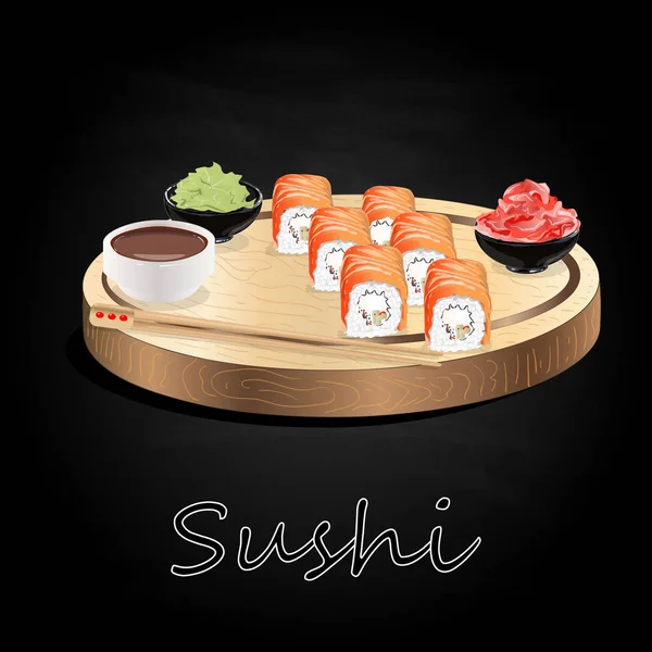 Various Kinds Sushi Served Wood Desk Black Background Isolated — Stock Photo, Image