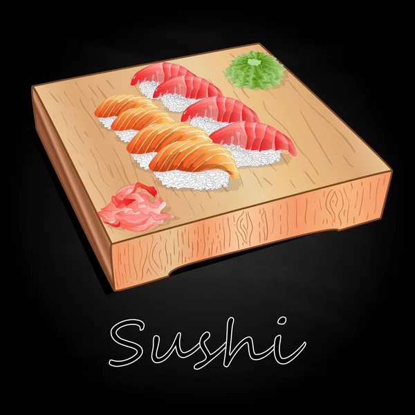Vários Tipos Sushi Servido Mesa Madeira Fundo Preto Isolado — Fotografia de Stock