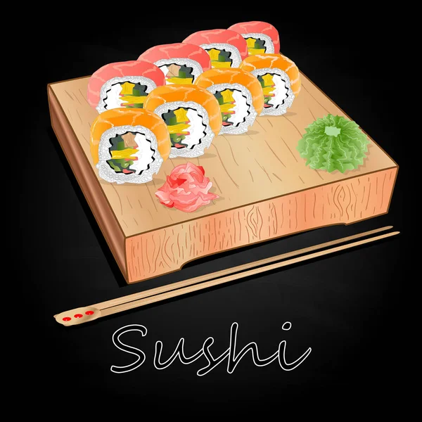 Various Kinds Sushi Served Wood Desk Black Background Isolated — Stock Photo, Image