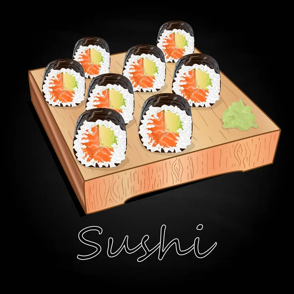 Various Kinds Sushi Served Wood Desk Black Background Isolated — Stock Photo, Image