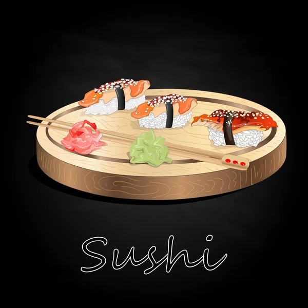 Pixel art comida japonesa sushi em uma tábua de madeira item de