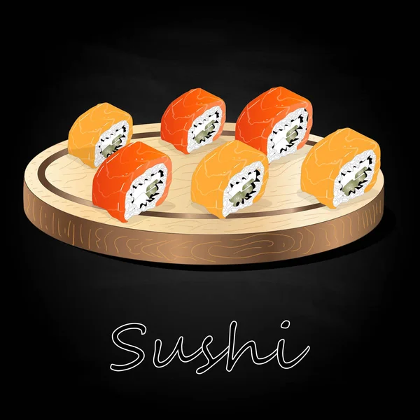Varios Tipos Sushi Servidos Sobre Escritorio Madera Fondo Negro Aislado — Foto de Stock