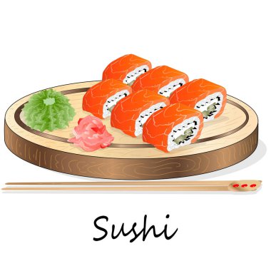 Somon, karides, avokado, krem peynir rulo suşi Illustration. Sushi menüsü. Japon yemekleri üzerine beyaz izole.