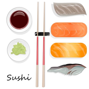 Nigiri suşi illüstrasyon izole koyu arka plan üzerinde. Üstten görünüm.