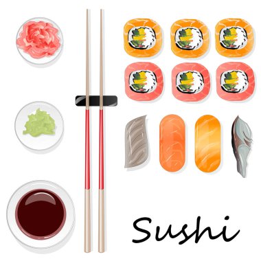 Nigiri suşi illüstrasyon izole beyaz arka plan üzerinde. Üstten görünüm.
