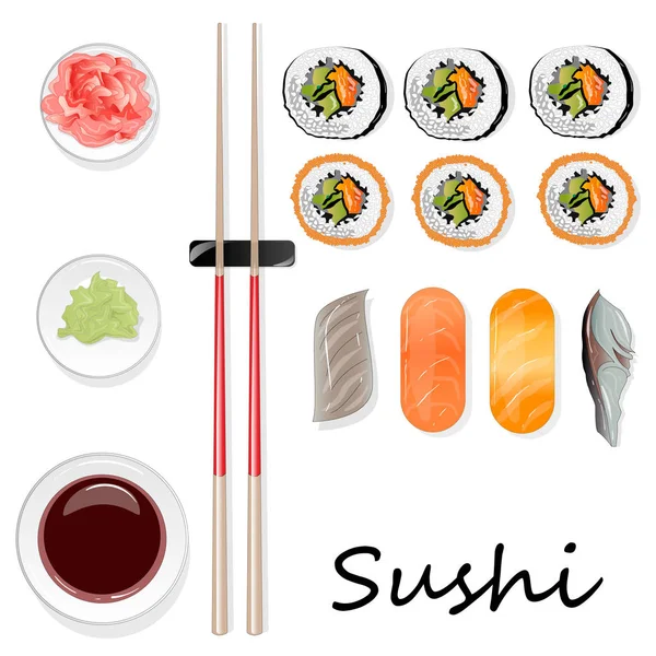 Nigiri suşi illüstrasyon izole beyaz arka plan üzerinde. Üstten görünüm.