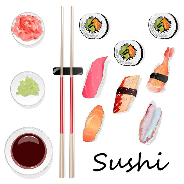 Nigiri Sushi Ilustração Sobre Fundo Branco Isolado Vista Superior — Fotografia de Stock