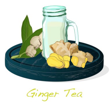 Beyaz arka plan illüstrasyon sette taze zencefil ile plaka. Vektör.