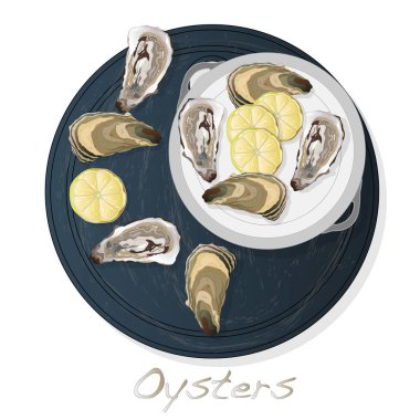 Taze görüntüleri plaka üzerinde set / izole üzerinde beyaz arka plan çanağı istiridye vectorv açıldı.