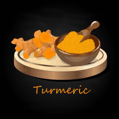 Zerdeçal (Curcuma longa Linn) plaka üzerinde ayarlayın. Siyah arka plan vektör çizim.