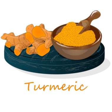Zerdeçal (Curcuma longa Linn) plaka üzerinde ayarlayın. Beyaz arka plan vektör çizim.