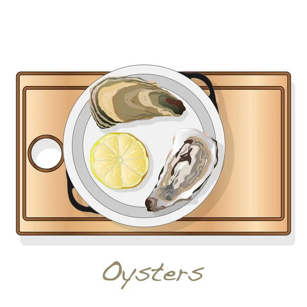 Frissen Megnyitott Oyster Vectorv Képek Lemez Étel Elszigetelt Fehér Háttér — Stock Vector