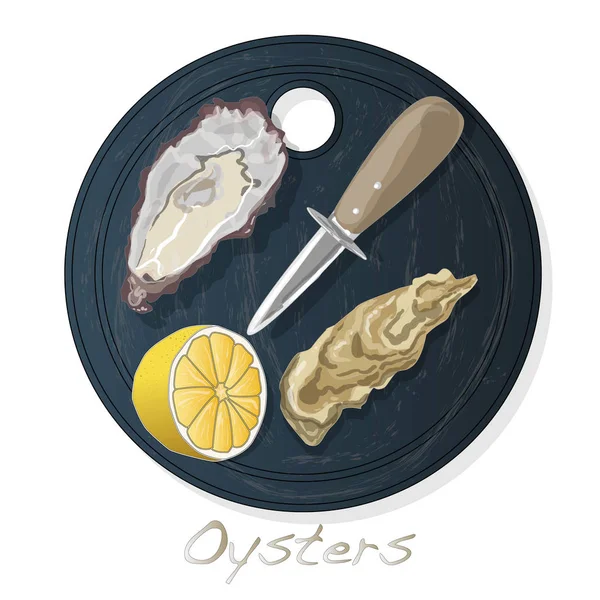 Frissen Megnyitott Oyster Vectorv Képek Lemez Étel Elszigetelt Fehér Háttér — Stock Vector