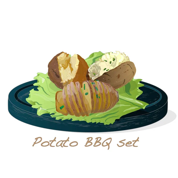 Kartoffel Bbq Vektor Illustration Set Isoliert Weißen Hintergrund — Stockvektor