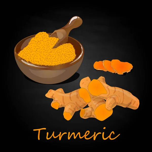 Zerdeçal (Curcuma longa Linn) plaka üzerinde ayarlayın. Siyah arka plan vektör çizim.