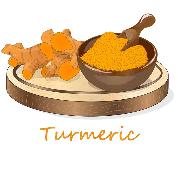 Zerdeçal (Curcuma longa Linn) plaka üzerinde ayarlayın. Beyaz arka plan vektör çizim.