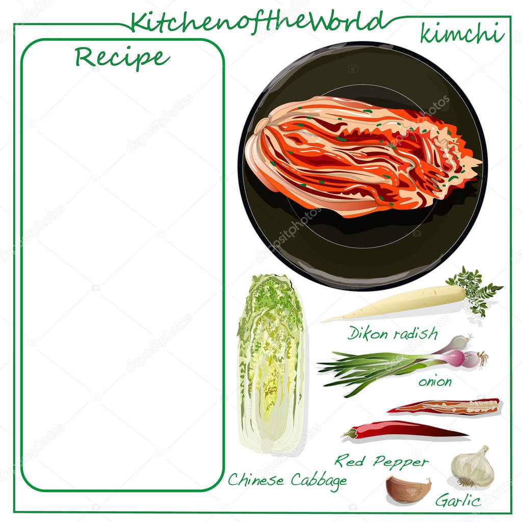 Vector illustration of menu. Recipe blank. Kimchi, traditional k