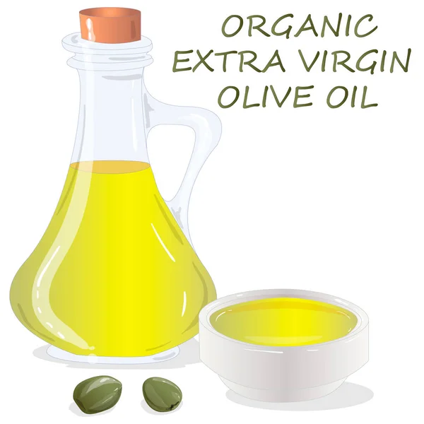 Преміум незаймана оливкова олія і деякі оливки ізольовані на білому спині — стоковий вектор