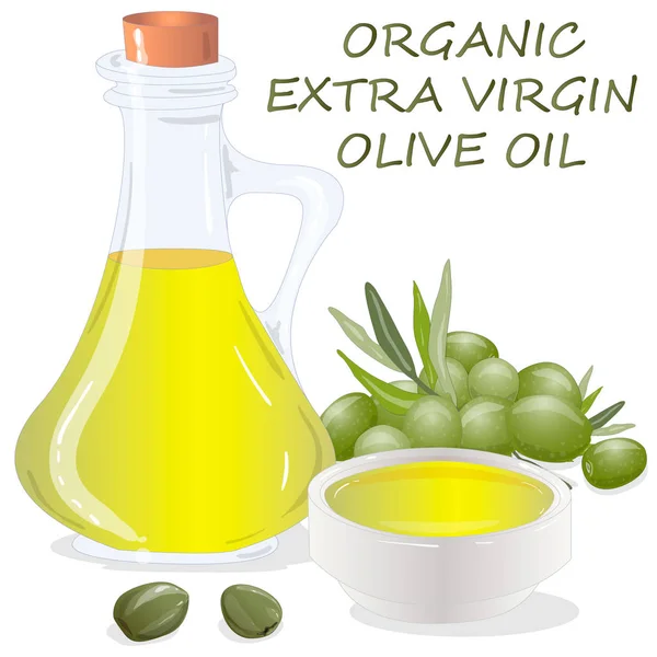 Aceite de oliva virgen de primera calidad y algunas aceitunas aisladas en un bac blanco — Vector de stock